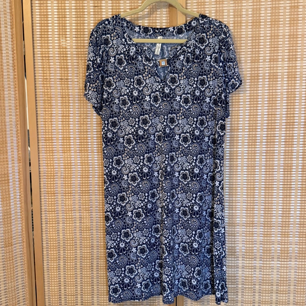 Perception Women Navy Blue Floral Paisley Shift Dress Gold Hardware 1X Boho Art